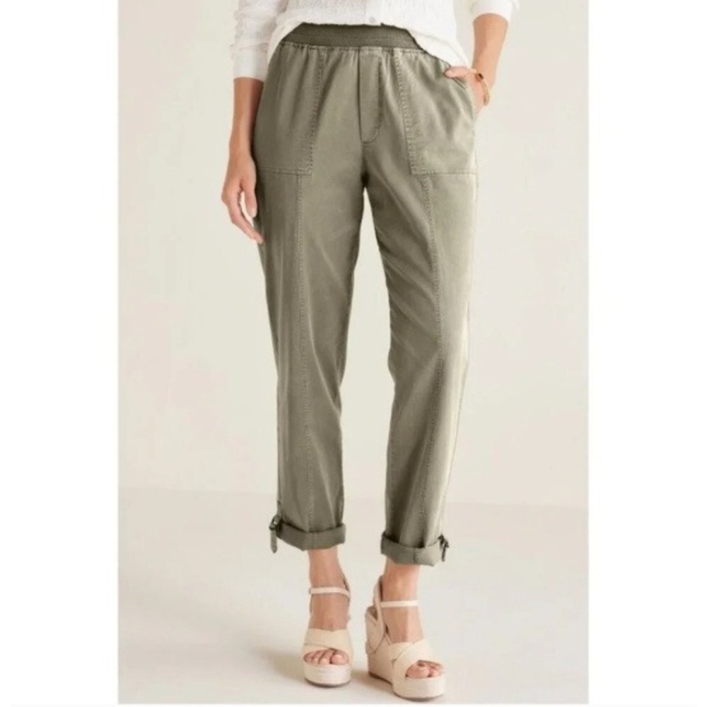 Soft Surroundings‎ SMALL Medina Roll Tab Crop Pants Green Utility Granola Girl
